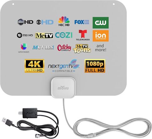 Mohu Leaf Amplified - هوائي تلفزيون داخلي رفيع للغاية، نطاق 60 ميل، Jolt Switch Amp، UHF VHF، متعدد الاتجاهات، 4K UHD، تلفزيون NEXTGEN - مع كابل بطول 12 قدم in Kuwait