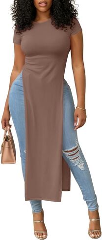 Women's Crew Neck Split Slit Hem Short Sleeve Slim Fit Blouse Long Shirt Tunic Top in Kuwait