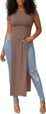 Women's Crew Neck Split Slit Hem Short Sleeve Slim Fit Blouse Long Shirt Tunic Top in Kuwait