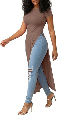 Women's Crew Neck Split Slit Hem Short Sleeve Slim Fit Blouse Long Shirt Tunic Top in Kuwait