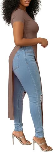 Women's Crew Neck Split Slit Hem Short Sleeve Slim Fit Blouse Long Shirt Tunic Top in Kuwait