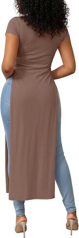 Women's Crew Neck Split Slit Hem Short Sleeve Slim Fit Blouse Long Shirt Tunic Top in Kuwait