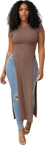 Women's Crew Neck Split Slit Hem Short Sleeve Slim Fit Blouse Long Shirt Tunic Top in Kuwait
