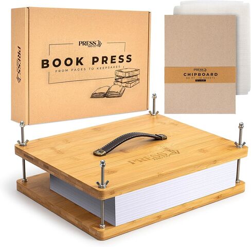 Pressandco Book Press - مكبس تجليد خشبي مقاس 14.6 بوصة × 11.6 بوصة مع مقبض جلدي لتجليد الكتب والإصلاح وإعادة التجليد والحرف الورقية - يتضمن الأدوات: 10 ألواح تجليد وقماش تجليد الكتب in Kuwait