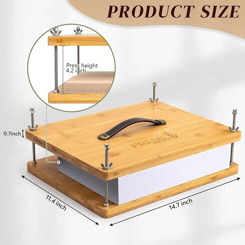 Pressandco Book Press - مكبس تجليد خشبي مقاس 14.6 بوصة × 11.6 بوصة مع مقبض جلدي لتجليد الكتب والإصلاح وإعادة التجليد والحرف الورقية - يتضمن الأدوات: 10 ألواح تجليد وقماش تجليد الكتب in Kuwait