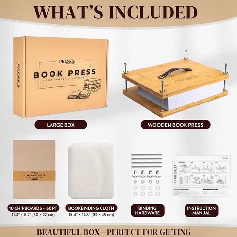 Pressandco Book Press - مكبس تجليد خشبي مقاس 14.6 بوصة × 11.6 بوصة مع مقبض جلدي لتجليد الكتب والإصلاح وإعادة التجليد والحرف الورقية - يتضمن الأدوات: 10 ألواح تجليد وقماش تجليد الكتب in Kuwait