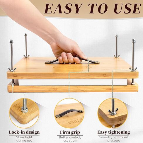 Pressandco Book Press - مكبس تجليد خشبي مقاس 14.6 بوصة × 11.6 بوصة مع مقبض جلدي لتجليد الكتب والإصلاح وإعادة التجليد والحرف الورقية - يتضمن الأدوات: 10 ألواح تجليد وقماش تجليد الكتب in Kuwait