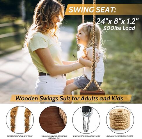 Wooden Swing, 24"x 8"x 1.2,500lbs,Wooden Tree Swing Adjustable Hemp Rope & Extension Tree Straps 100 inch in Saudi Arabia