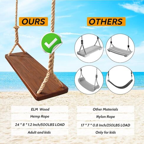 Wooden Swing, 24"x 8"x 1.2,500lbs,Wooden Tree Swing Adjustable Hemp Rope & Extension Tree Straps 100 inch in Saudi Arabia