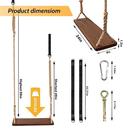 Wooden Swing, 24"x 8"x 1.2,500lbs,Wooden Tree Swing Adjustable Hemp Rope & Extension Tree Straps 100 inch in Saudi Arabia