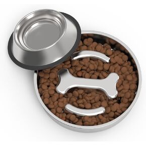 Slow Feeder Dog Bowls Kit Stainless Steel Non-Slip Dog Food Bowl for Small Medium Large Breeds 2~4 Cups Dog Slow Feeder Bowl for Fast Eaters Slows Down Eating Dog Food Bowl&Dog Water Bowls 2Packs