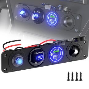 Okerny 4 in 1 ON/Off Toggle Switch w/Type-C PD Charger Socket Panel USB Power Outlet & LED Voltmeter &Cigarette Lighter Socket& LED Lighted Rocker Switch for Marine Boats RV Truck Car Golf cart