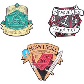 DND Hard Enamel Pins Set of 3 Styles Fantasy RPG Game Badge D20 Dice Brooches Gift for TTRPG Lovers and Dungeon Master