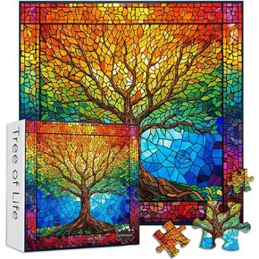 Stained Glass Puzzles for Adults 1000 Pieces and up, PICKFORU Tree of Life Puzzle with Rainbow Colors, Colorful Difficult Puzzles as Unique Gifts