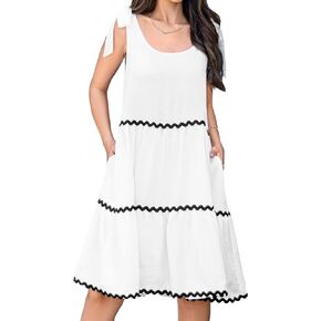 SICTASD Women Summer Swing Dress 2024 Vacation Sleeveless Pockets Smocked Rickrack Casual Loose Backless Sundresses