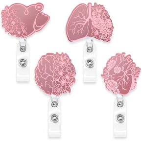 Xylolfsty 4PCS Retractable Badge Holders with Alligator Clip - Organ Heart Brain Patterns with Flowers - Cute for RN Nurse Doctor Student Nursing Graduation Appreciation Gift