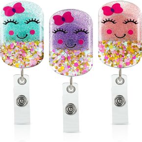 Prasacco 3 Pieces Nurse Badge Reel, Retractable ID Name Nursing Badge Holder Retractable Badge Reel with Clip Glitter Nurse ID Badge Holder Cute Badge Clip for Office Nurses Doctors