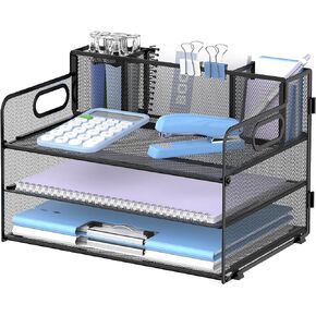 SUPEASY 3 Tier Desk Organizer with Handle & 3 Pen Holders, Mesh Paper/File Organizer for Desk, Paper Letter Tray Organizer for Office Supplies (Black)