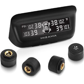 Mizama Tire Pressure Monitoring System, TPMS Monitors Tirpressure and Temperature, with Four Sensors and Six Alarm Modes, Solar Charging, LED Display with Vibration Wake-up Function