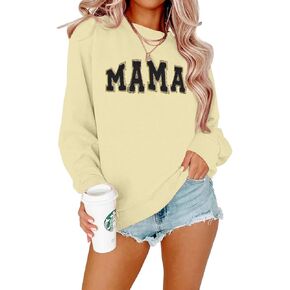ASTANFY Mama Sweatshirt Women Oversize Glitter Patch Mama Crewneck Sweatshirts Mama Print Long Sleeve Loose Fashion Pullover