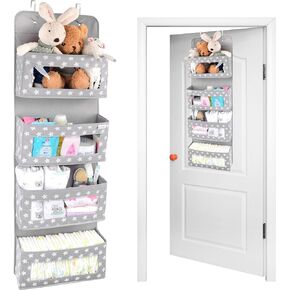 Vesta Baby Nursery Over Door Hanging Organizer with Metal Hooks | 4 Large Clear Window Pocket Storage for Kids Room, Bathroom, Closet | Gray Star Fabric Caddy for Diapers, Toys, Cosmetics, Clothes