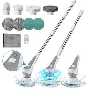 Electric Spin Scrubber,Cordless Cleaning Brush with Power Display Screen,IP68 Waterproof Shower Cleaning Brush with 8 Replaceable Brush Heads,Adjustable & Detachable Handle and 2 Adjustable Speeds