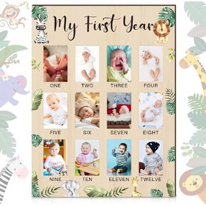 My First Year Photo Display Board Wooden Baby Picture Frame 12 Months Newborn Photo Board First Birthday Nursery Decorations Gifts for Boys My First Year Jungle Baby Keepsake Board for Boys Girls in Kuwait