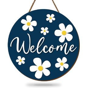 Whaline Daisy Welcome Wooden Hanging Sign Spring Daisy Flower Door Sign Farmhouse Rustic Front Door Hanger Sign for Indoor Outdoor Home Porch Window Decor