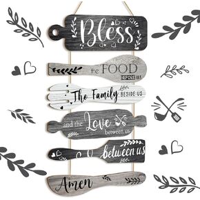 Geetery 6 Pcs Bless the Food Before Us Sign Farmhouse Kitchen Wall Decor Dining Room Decorations Collage Wall Art Rustic Vertical Hanging Wood Signs for Kitchen Living Room Home(Assorted Colors)