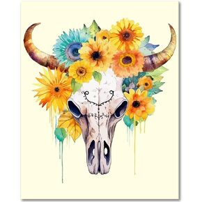 Rebotipy Paint by Number for Adult Bull Skull Paint by Numbers Sunflower Adult Paint by Numbers Kits on Canvas, 16X20 Inch Boho Style Paint by Numbers for Adults Beginner Kids