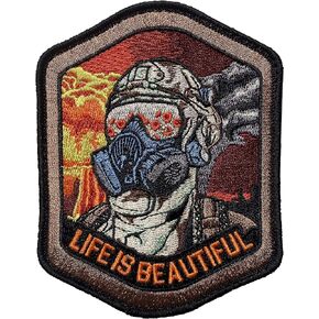 Life is Beautiful - Field of Poppies Reflected in M5O CBRN Gas Mask - Tactical Morale Patch with Hook-Fastener Backing