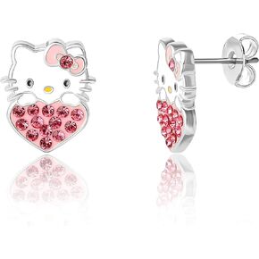 Hello Kitty Heart Stud Earrings for Women Official License, Silver Flash-Plated with Enamel Plating and Pink Crystals