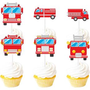 18pcs Red Glitter Fire Truck Dessert Cupcake Topper Firefighter Fireman Cars Theme Decor Supplies Baby Shower Boy Girl Happy Birthday Party Decorations