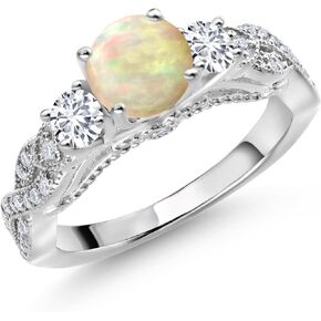 Gem Stone King 925 Sterling Silver White Ethiopian Opal White Lab Grown Diamond and White Moissanite Engagement Ring For Women (1.03 Cttw, Gemstone, Round Cabochon 6MM and 3MM)