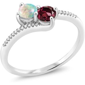 Gem Stone King 10K White Gold Forever United 2 Stone White Simulated Opal and Red Rhodolite Garnet and Diamond Engagement Ring For Women (0.79 Cttw, Round, Avaiable in Size 5,6,7,8,9)