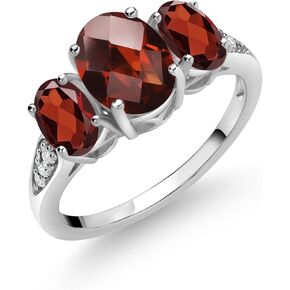 Gem Stone King 10K White Gold Red Garnet and White Lab Grown Diamond 3 Stone Engagement Ring For Women (2.72 Cttw, Gemstone Birthstone, Available In Size 5, 6, 7, 8, 9)