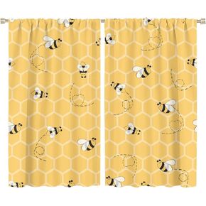 Bee Animal Curtains Vintage Rustic Daisy Geometric Hexagonal Honeycomb Yellow Art Print for Bedroom Living Room Decor Rod Pocket Blackout Window Drape 42x45in
