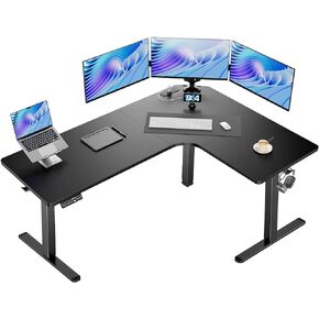 HUANUO 63″ Dual Motor L-Shaped Standing Desk, Built-in Power Outlets, Electric Height Adjustable Corner Computer Desk, Large Power Strip Holder, Sit Stand Up Desk with 3 Preset Heights, Black