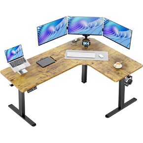HUANUO 63″ Dual Motor L-Shaped Standing Desk, Built-in Power Outlets, Electric Height Adjustable Corner Computer Desk, Large Power Strip Holder, Sit Stand Up Desk with 3 Preset Heights, Black