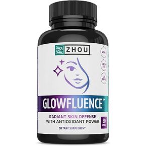 Zhou Glowfluence Hyaluronic Acid Supplement with Vitamin C and Antioxidants, Skin Elasticity and Firmness Support for Youthful Radiant Skin, Blended Supplement for Beautiful Glow, 30 Veg Caps