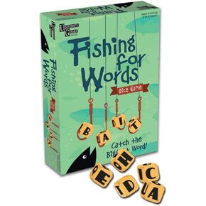 Fishing for Words, Dice Game, Word Game, Travel Game, Family Game, Bar Game, 2 to 4 players, ages 8 and up, Green