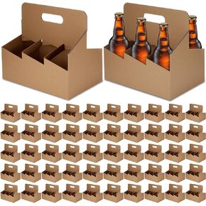 Ctosree 50 Pcs Cardboard Bottle Holder 6 Cups Drink Carrier with Handle Fits 22oz Bottles Beer Bottle Carrier Bulk Kraft Paperboard Cup Holder Coffee Hot Cold Drinks for Take out Food Delivery