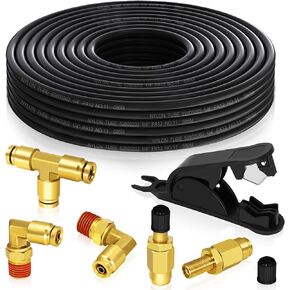 Air Line Service Replacement Kit for Air Bags Suspension,1/4" Air Line 32.8 FT PA Hose Tubing,1/4" Union Tee Elbow DOT Air Push To Connect Fittings, Schrader Valve (1/4")
