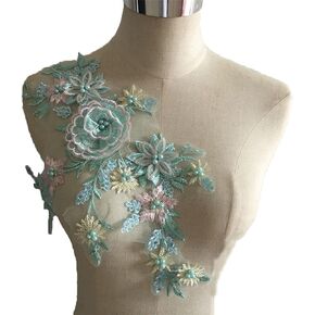ESH7 3D Beaded Pearl Flower Fabric Lace Applique, Floral Embroidered Patches Wedding Dress Handmade Sewing Tool for Clothes