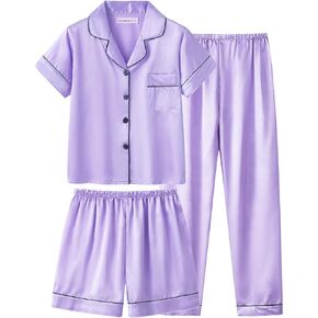 UNICABBIT21 Satin Summer Pajamas for Big Girls Unisex Kids Silk Button Down Short Sleeve & Shorts PJS 3PCS Size 8-16