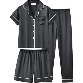 UNICABBIT21 Satin Summer Pajamas for Big Girls Unisex Kids Silk Button Down Short Sleeve & Shorts PJS 3PCS Size 8-16 in Kuwait