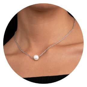 WANTED PIECES 925 Sterling Silver Plated Freshwater Pearl Necklace, Adjustable Single Pendant Necklace Minimalist Jewelry for Women Mom and Girls