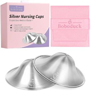 Boboduck The Original Silver Nursing Cups - 925 Silver Nipple Covers Breastfeeding - Protect and Soothe Sore Nipples - Silver Nipple Shield Guards with Soft Silicone Ring (Regular)
