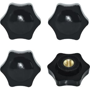 Aifeier ET 4 Pcs 1/4"-20 Inch Knob Black Nylon Screw-On Type Thru Threaded Knob Nuts 6-Star Shape Hand Tighten Clamping Knobs