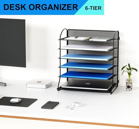 GDINDINFAN 6 Tier Paper Letter Tray Organizer Mesh Desktop File Organizer, Paper Sorter Letter Shelf Rack for Office or Home, Black in Kuwait